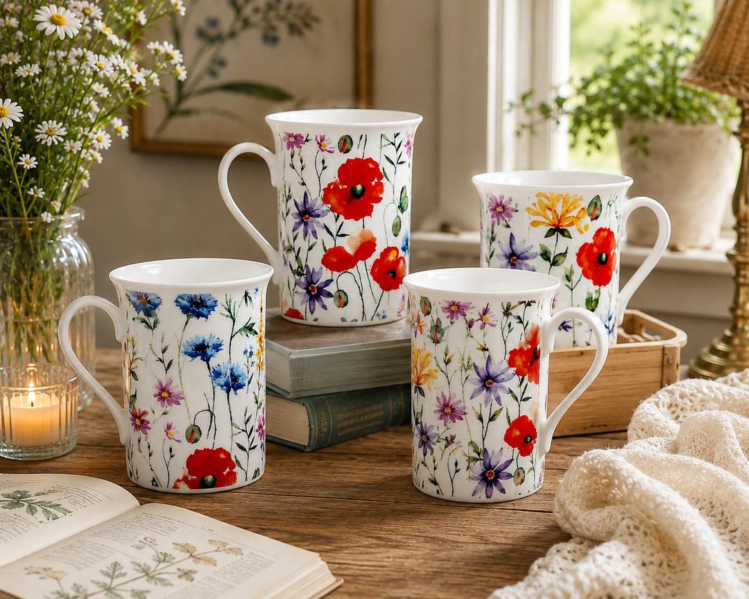Wildblumenwiesen-Tassen-Set, 4er-Set, Bone China, bunte Blumen, 12 oz (ca. 350 ml), Windsor-Tassen, handdekoriert in Großbritannien
