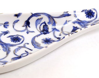 Scroll Blue and Mica Gold Large Spoon Rest Porcelain 27cm 10.5" Floral Baroque Designs Ceramic Hand Decorated UK