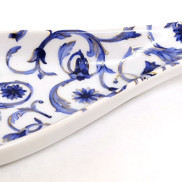 Scroll Blue and Mica Gold Large Spoon Rest Porcelain 27cm 10.5" Floral Baroque Designs Ceramic Hand Decorated UK