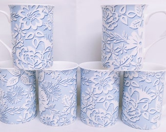 Lace Blue Mugs Set of 6 Fine Bone China Windsor Light Blue & White Floral Chintz 10.5oz 300ml Cups Hand Decorated UK