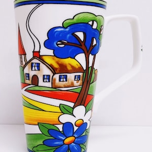 Exclusive Village Art Deco Mug Fine Bone China Large Latte 500 ml 17 fl oz Colourful Countryside Scene Hand Decorated UK