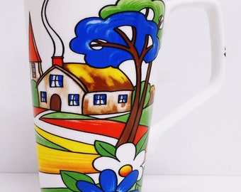 Exclusive Village Art Deco Mug Fine Bone China Large Latte 500 ml 17 fl oz Colourful Countryside Scene Hand Decorated UK