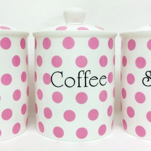 Barattoli per la conservazione di tè, caffè e zucchero in porcellana fine con macchie rosa