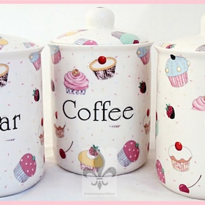 Fairy Cupcakes Tea Coffee Sugar Canisters Fine Bone China Storage Jars Hand Decorated UK