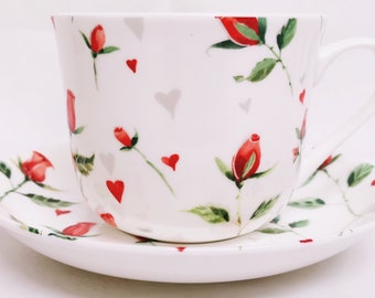 Hearts and Red Roses Breakfast Cup & Saucer Large Jumbo Fine Bone China 14.5oz Set Hand Decorate UK