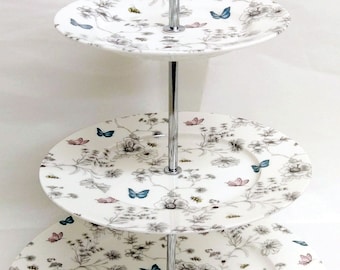 Secret Garden Cake Stand Fine Bone China 3 Tier Floral Flowers Butterflies Bees Hand Decorated in UK