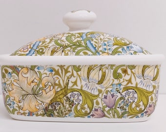 William Morris Golden Lily Butter Dish Bone China Art Nouveau Lilies Seamless Flowers Floral Container Hand Decorated in UK