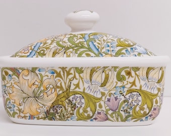 William Morris Golden Lily Butter Dish Bone China Art Nouveau Lilies Seamless Flowers Floral Container Hand Decorated in UK