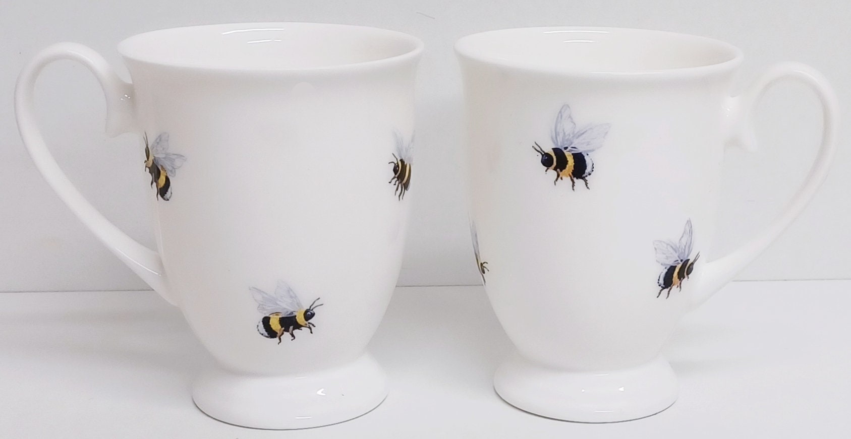 Bees Mugs Set of 2 Fine Bone China 300 ml 10.5 oz Royal Footed Multi Bumblebee Cups Hand Decorated in UK