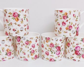 Garden Roses Mugs Set 6 Fine Bone China 14fl oz 400 ml Large Balmoral Clear Background Roses Cups Hand Decorated UK