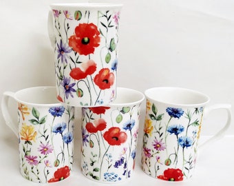 Wildflowers Meadow Mugs Set of 6 Fine Bone China 300 ml 10.5 fl oz Colourful Flowers Hand Decorated in UK