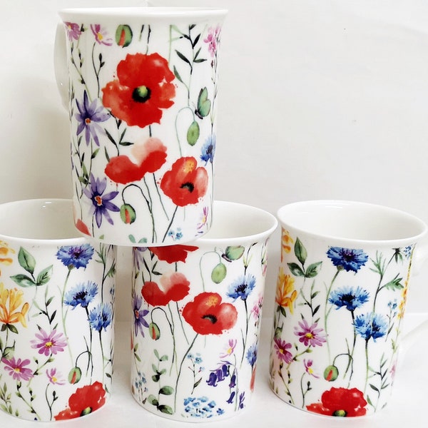 Wildblumen Wiese Tassen Set mit 6 Fine Bone China 300 ml 10,5 fl oz Bunte Blumen Hand dekoriert in Großbritannien