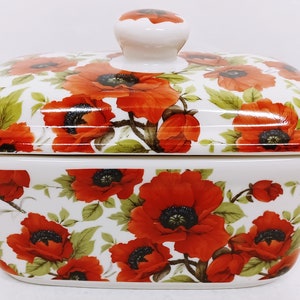 Red Poppy Butter Dish Fine Bone China Bright Poppies Floral Container Hand Decorated in UK