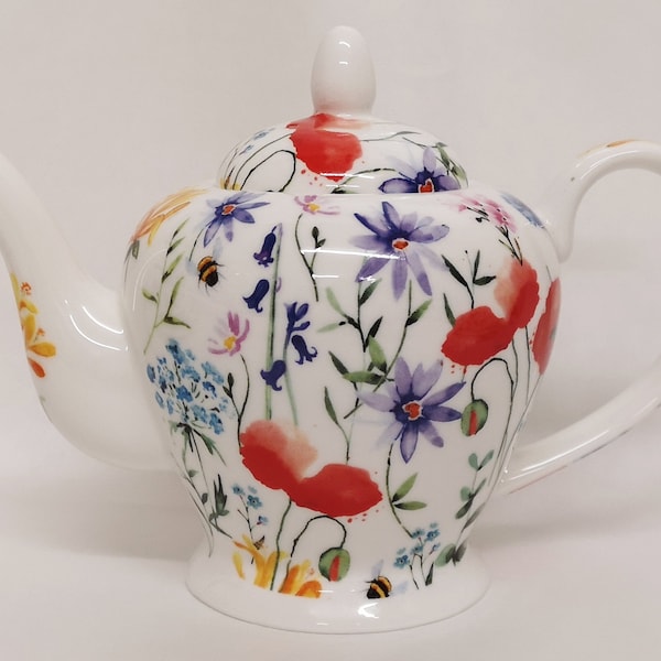 Wildflowers Meadow Teapot Fine Bone China Small 500 ml Teapot Bright Floral Hand Decorated UK