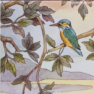 May include: A watercolor painting of a forest scene with birds and ducks. The painting features a green and brown bird perched on a branch, a blue and green bird perched on a branch, and three ducks swimming in a blue pond. The background is a light blue sky with green trees and brown branches.