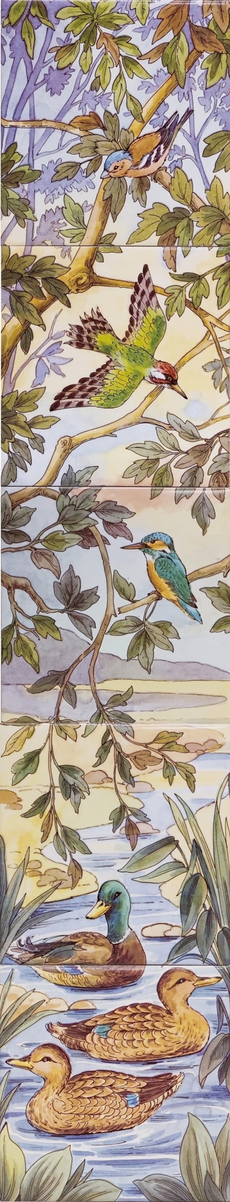 May include: A watercolor painting of a forest scene with birds and ducks. The painting features a green and brown bird perched on a branch, a blue and green bird perched on a branch, and three ducks swimming in a blue pond. The background is a light blue sky with green trees and brown branches.
