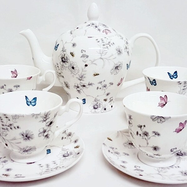 Secret Garden Tea Set Fine Bone China Large Teapot 4 Cups and 4 Saucers Flowers Butterflies & Bees Hand Decorated UK