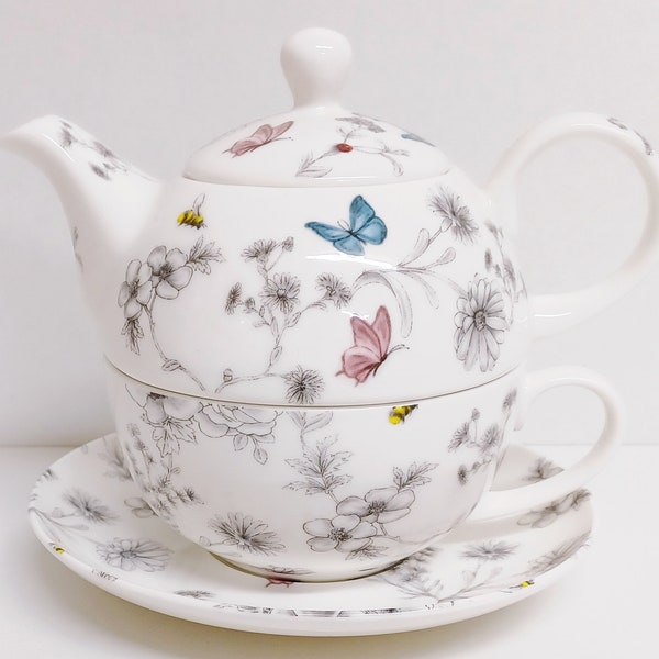 Secret Garden Tea for One Fine Bone China Flowers Butterflies Bees Teapot Cup and Saucer Set Hand Decorated UK