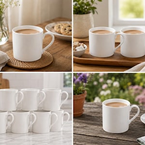 May include: A set of white ceramic mugs with a smooth, cylindrical body and a curved handle. Each mug features a clean, minimalist design with a glossy finish, suitable for holding hot beverages like coffee or tea, presented in various settings.