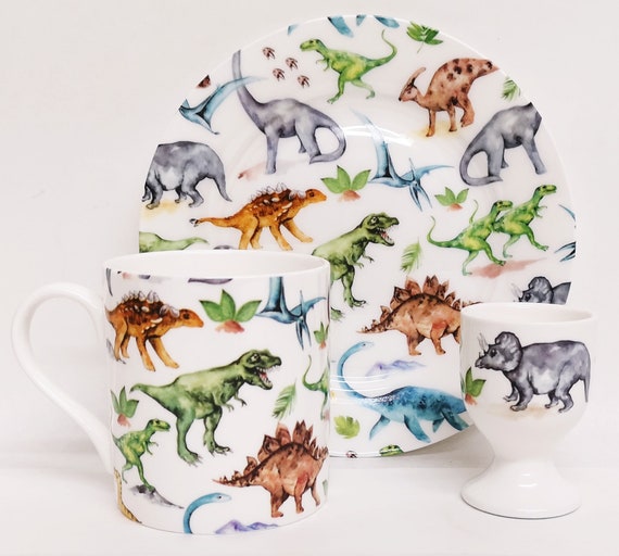 Dinosaurs Breakfast Set 3 Piece Fine Bone China Kids Children Set Dinos Collage Plate 6.7 17 Cm Mug Egg Cup Hand Decorated UK Etsy UK