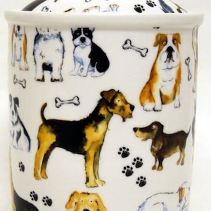 Dogs Canister Fine Bone China Pets Puppies Storage Jar with Seal Hand Decorated in UK