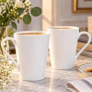 May include: Two white ceramic mugs with a tapered silhouette and curved handles, each filled with a dark brown liquid. The mugs have a smooth, glossy finish and are positioned side by side, with steam rising from the contents of the back mug.