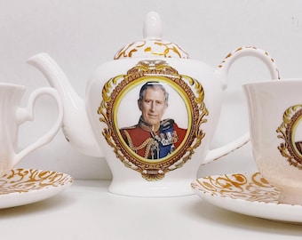 HM King Charles III Tea Set Fine Bone China Small Teapot 2 Cups 2 Saucers Coronation Commemorative Hand Decorated UK
