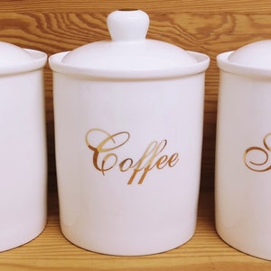 White & Gold Tea Coffee Sugar Canisters Fine Bone China Elegant and Simple Storage Jars Set Hand Decorated in UK