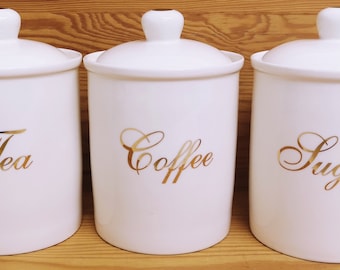 White Gold Tea Coffee Sugar Canisters Fine Bone China Elegant
