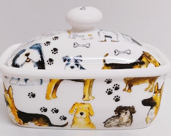 Dogs Butter Dish Fine China Cute Collage Dog Lid Covered Container Hand Decorated in UK