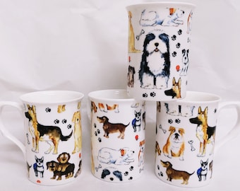 Dogs Mugs Set of Fine Bone China Dog Collage 300 ml Castle Cups Hand  Decorated UK