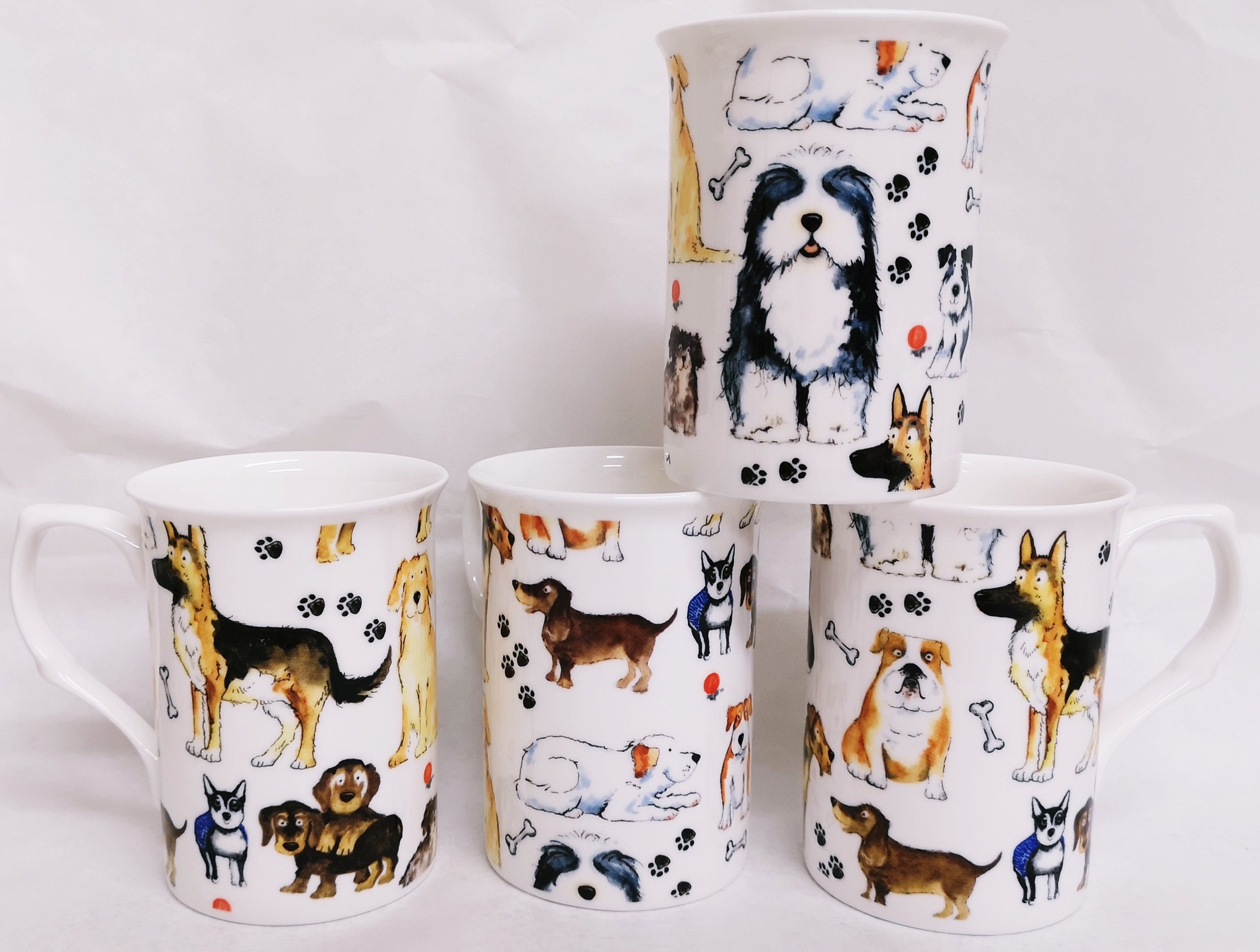 犬マグカップ 4個セット ファインボーンチャイナ 犬コラージュ 300ml