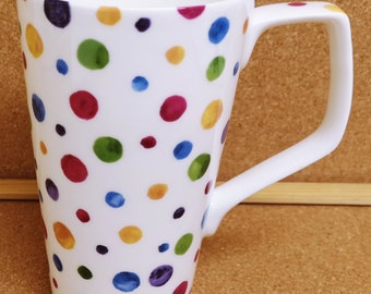 Polka Dots Painted Effect 20oz Mug Fine Bone China Large Jumbo 1 Pint Multi Colour Spotty Latte Coffee Tea Cup Hand Decorated UK