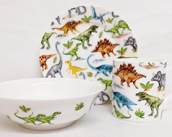 Dinosaurs Breakfast Set 3 Piece Plate 6.7&quot; 17 cm Mug and Bowl Fine Bone China Kids Children Set Dinos Collage Hand Decorated UK