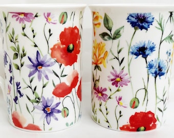 Wildflowers Meadow Mugs Set of 2 Fine Bone China Colourful Flowers Hand Decorated in UK