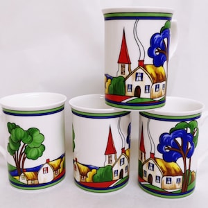 Art Deco Village Mugs Set of 4 Fine Bone China 10.5 oz 300 ml Castle Cups Colourful Wrap Country Scene Hand Decorated UK