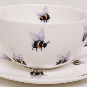 Bijenkop en schotel Fine Bone China 10,5 oz cappuccino-hommelset met de hand versierd in het VK