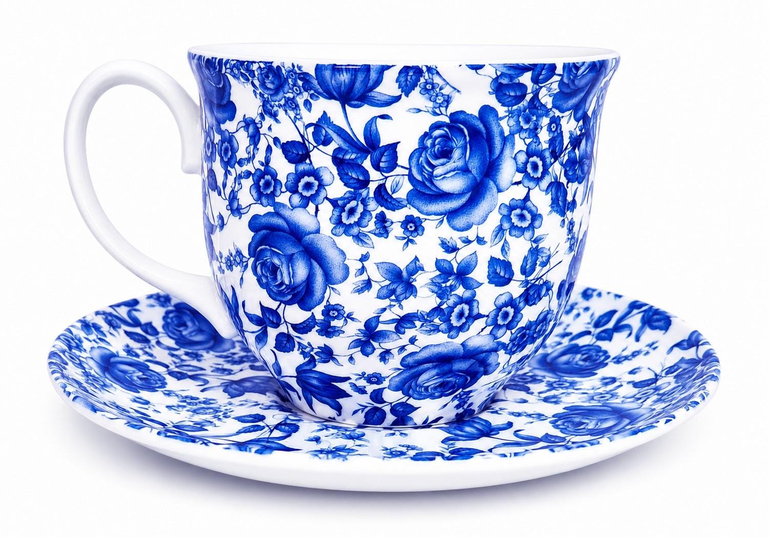 Delft Blue Cup & Saucer Bone China Large Jumbo Blue Flowers Floral