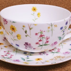 Meadow Flowers Cappuccino Latte Cup & Saucer Fine Bone China Bright Multi Floral Large 12.5oz Cup Saucer