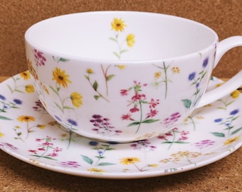 Meadow Flowers Cappuccino Latte Cup & Saucer Fine Bone China Bright Multi Floral Large 12.5oz Cup Saucer