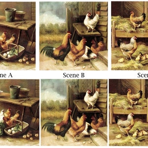 May include: A vintage-style painting depicts chickens and roosters in a rural setting. The artwork features a variety of fowl, including a brown rooster, white hens, and chicks. A rustic table with eggs and vegetables is also present.