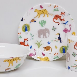 One Day at the Zoo Breakfast Set 3 Pieces Plate 6.7" 17cm Mug & Cereal Fine Bone China Kids Children Set Animals Collage Hand Decorated UK