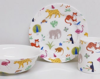 One Day at the Zoo Breakfast Set 3 Pieces Plate 6.7&quot; 17cm Mug & Cereal Fine Bone China Kids Children Set Animals Collage Hand Decorated UK