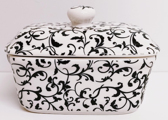 Venetian White Butter Dish Exclusive Bone China Black White Floral Leaves Swirl Scroll Container Hand Decorated in UK