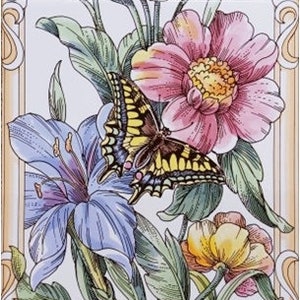 Floral Trellis  and Butterflies Artistic Ceramic Tile Mural Decorative 5 Tiles 15 cm x 15 cm Fireplace Backsplash Hand Decorated in UK