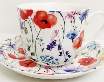 Wildflowers Breakfast Cup & Saucer Large Jumbo Fine Bone China 14.5oz Bright Meadow Floral Cup Saucer Set Hand Decorate UK