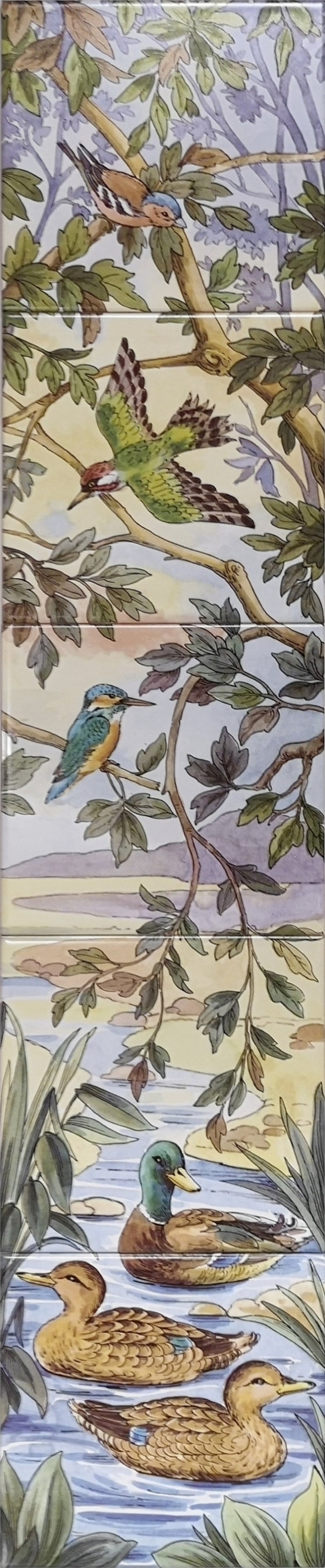 May include: A watercolor painting of birds and ducks in a forest setting. The painting features a bluebird, a green woodpecker, a brown bird, and two ducks swimming in a blue stream. The background is a light blue sky with green trees and leaves.