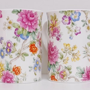 Oriental Garden Mugs Set 6 Fine Bone China 300 ml Vintage Floral Flowers Windsor Cups Hand Decorated in UK