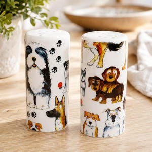 Hundar Salt & Peppar Runt Set Keramik Porslin Hundkollage Krukor Handdekorerade Storbritannien