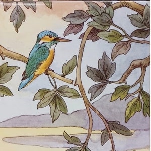 May include: A watercolor painting of birds and ducks in a natural setting. A green and brown bird sits on a branch with green leaves. A blue bird sits on a branch with green leaves. Three ducks swim in a blue pond with green reeds.